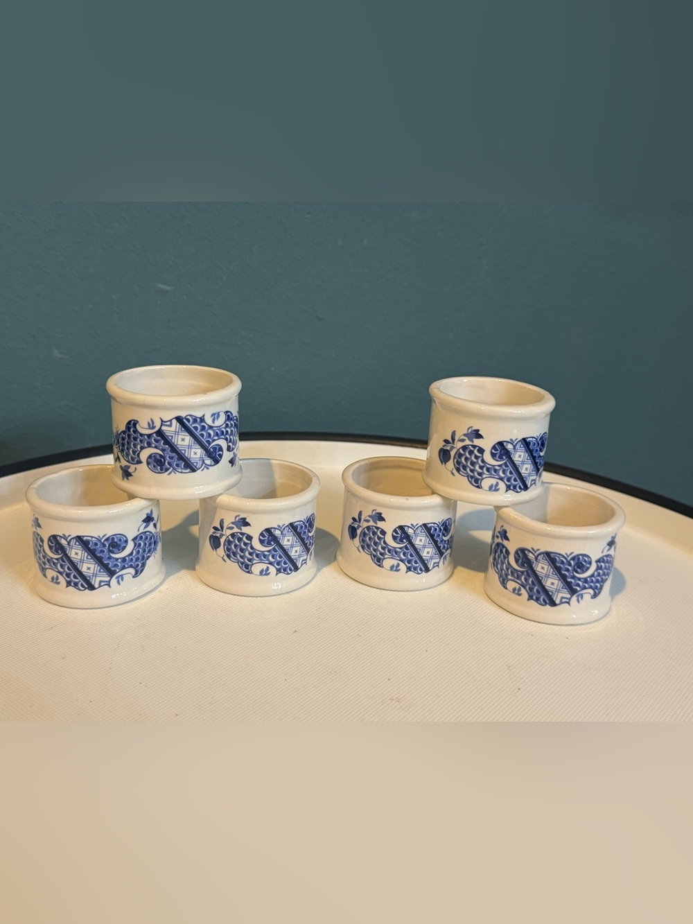 Blue and White Chinoiserie Ceramic Napkin Rings - Set of 6